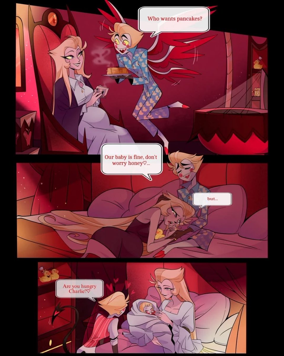 skye_dowse1's tweet photo. Panel 2: Lilith laying on bed in nightgown holding duck plushie - 'Our baby is fine, don't worry honey♡...'😈 https://t.co/iyYBHGGXh8