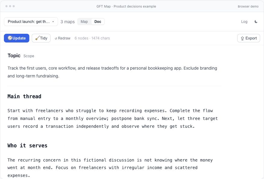ThoughtLinkCo's tweet photo. Manual entry first. Bank sync later—and the reason stays with the decision.

I made this editable GFT Map example for AI chats. Open “Continue in another chat” to see the handoff preview.

No install. Authored example; no model is running.

https://t.co/3MY62DJk52 https://t.co/Wq7JEXm8kK