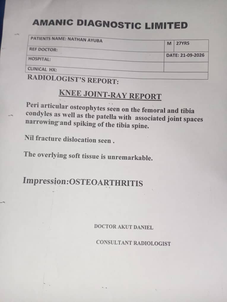 NathanAyuba2's tweet photo. @Vbonifacefan22 I wish you, @boniface_jrn, could help me with any amount to treat my knee injury 🤕 so I can continue chasing my football career.
Attached are my X-ray results.👇🏻
God bless you and help you continue to excel regardless. https://t.co/4rjSGoefwT