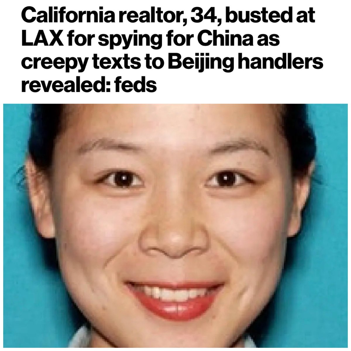 FBI_Response's tweet photo. CHINA’S SPY GAME JUST HIT A WALL.

The FBI arrested an alleged PRC agent at LAX before she could board a flight to Shanghai.

According to the federal complaint, she surveilled the Taiwanese President’s son and his family — filming their home, vehicles, and reporting information back to PRC handlers.

You don’t get to conduct foreign intelligence operations on American soil and simply hop on a plane home.