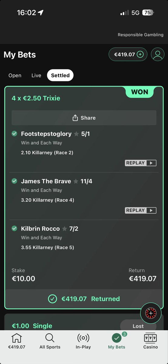 CheltAnte's tweet photo. Lovely little touch today! 🏇💰

€10 Trixie → €419.07 return 🔥

Footsteps To Glory 5/1 ✅
James The Brave 11/4 ✅
Kilbrin Rocco 7/2 ✅

3/3. We’ll take that! 😍

#HorseRacing #IrishRacing https://t.co/u1HzupsuoF