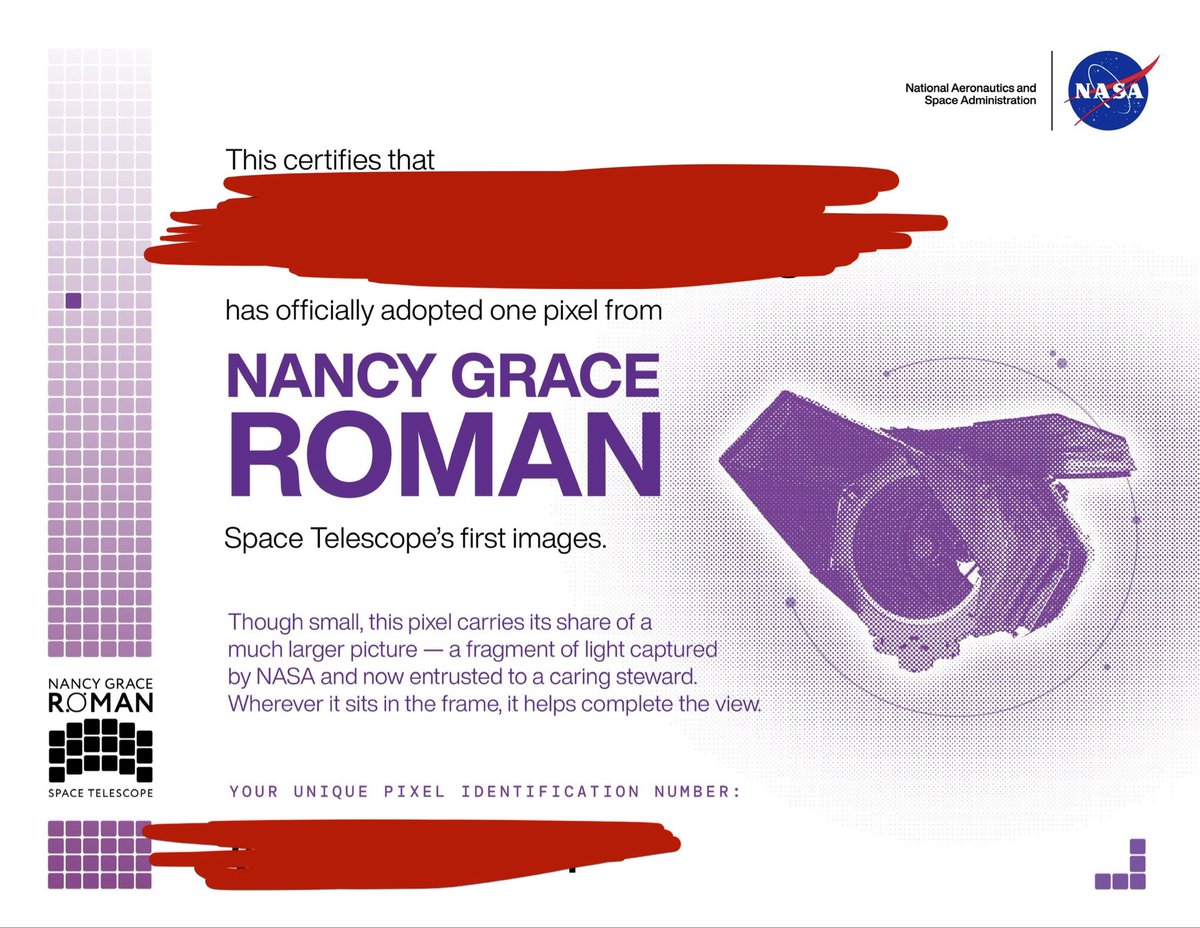 CrypsteLock's tweet photo. I got a certificate with a pixel of my name on it! Since it’s my name, I’m privatizing it! #interesting #space #NancyGraceRomanSpaceTelescope https://t.co/ucAiTUGcWi