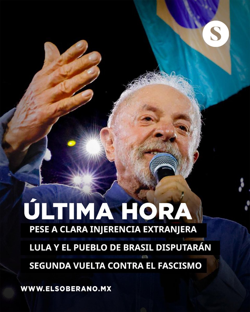 ElSoberanoMX's tweet photo. #ÚLTIMAHORA 🚨 PESE A CLARA INJERENCIA EXTRANJERA LULA Y EL PUEBLO DE BRASIL DISPUTARÁN SEGUNDA VUELTA CONTRA EL FASCISMO

¡El Pueblo no se rinde! Los resultados oficiales llevaron a una segunda vuelta en Brasil: ni Lula ni Flávio Bolsonaro superaron el 50% de los votos válidos. La nueva votación será el próximo 25 de octubre.

Más en: https://t.co/59yNCudhDD
