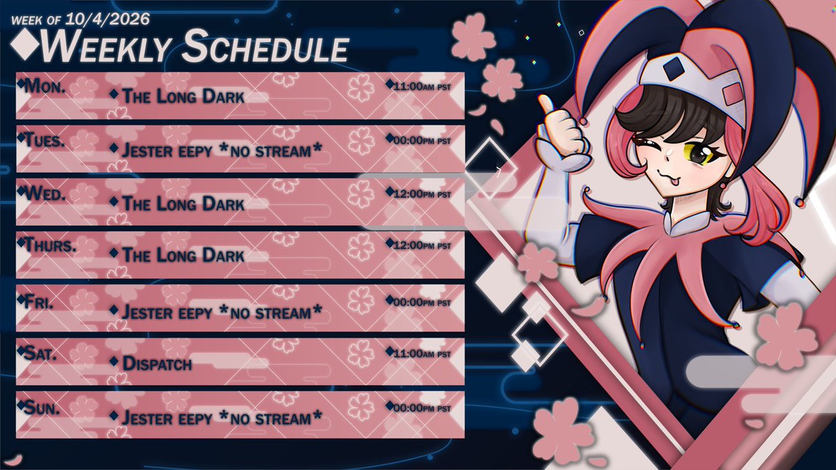 SlyRuination's tweet photo. I guess I'm "Schedule maxing" now 
(Saturday stream may be moved)
🎨Schedule graphic art by @skyboni 
🎨Sly halfbody art by @doeremi_ https://t.co/ZipcuG0NRd