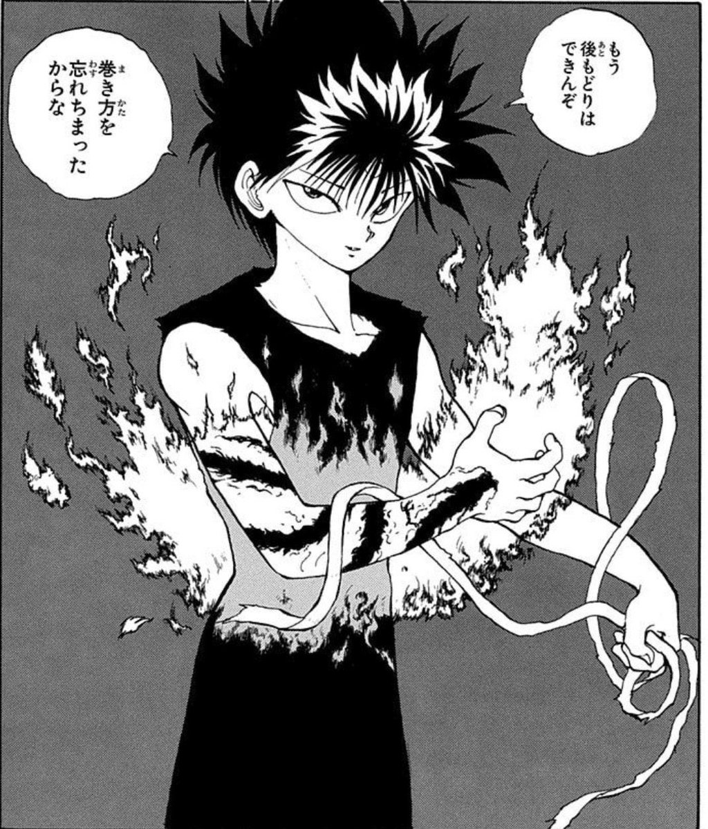 ryo_animanga's tweet photo. 幽☆遊☆白書の厨二病患者を最も生産させてしまったであろうシーンの1つ

飛影のここ
巻き方を忘れちまったからな

謎に腕に包帯とかタオル巻いてるやつ…いなかった？ https://t.co/6NXs2D3iEH