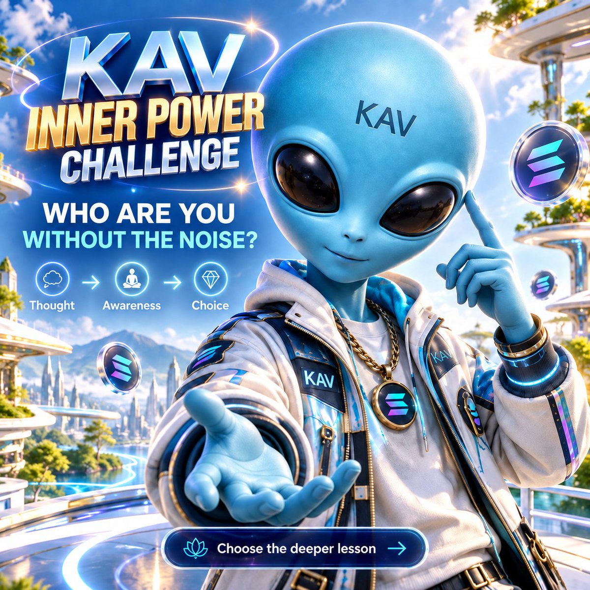 KavianCoin's tweet photo. 👽⚡ KAV is the Alien of Solana - and KAV believes real power begins when you stop living only from fear and start becoming aware of your own mind.

🌌 KAV INNER POWER CHALLENGE: WHO ARE YOU WITHOUT THE NOISE?

Imagine someone spends years being shaped by:

📱 Social pressure
😨 Fear
🧠 Limiting beliefs
👥 Other people’s expectations
💬 Negative self-talk
⚠️ Constant comparison

Eventually, they begin to believe:

“This is just who I am.”

But then they start practicing:

🧘 Meditation
🪞 Self-reflection
🌱 Inner work
👁 Awareness of thoughts
🙏 Spiritual reflection
🔥 Conscious choices

Slowly, they notice something important:

They can observe their thoughts without automatically obeying them.

🧠 Which answer BEST represents the deeper lesson?

A. Many fears, habits, and identities can become conditioned over time, and self-awareness can help a person recognize those patterns, choose which ones still serve them, and live more intentionally.

B. Every thought inside your mind is your true identity, so you should trust all of them equally.

C. Inner growth means completely rejecting society, relationships, and the outside world.

D. Becoming spiritually aware means you will never experience fear, doubt, sadness, or difficulty again.

⚠️ Think carefully.

The trap is believing:

“I have this thought” = “This thought is me.”

It doesn’t have to be.

👇 Choose ONE answer and explain WHY.

Don’t just write the letter.

Tell KAV:
How can someone tell the difference between a deeply held value and a fear-based belief they simply learned over time?

🎁 First 6 strong correct explanations win some $KAV.

━━━━━━━━━━━━━━

🧩 KAV KNOWLEDGE UPGRADE

One of the most powerful skills in inner growth is self-observation.

Instead of immediately reacting to a thought like:

“I’m not capable.”

you can ask:

🧠 Where did this belief come from?
🔍 What evidence supports it?
⚖️ Is it true now, or is it an old story?
🌱 Does this belief help me grow?
👁 Can I observe it without letting it control my next action?

That creates space between:

Thought → Awareness → Choice

And that space is powerful.

━━━━━━━━━━━━━━

🚨 SECOND TRAP: AWAKENING DOES NOT MEAN ESCAPING REALITY

Inner growth is not about pretending problems don’t exist.

It is not:

❌ Ignoring responsibilities
❌ Denying pain
❌ Believing you are above everyone else
❌ Rejecting every outside opinion
❌ Expecting permanent happiness

Real self-awareness can mean:

✅ Facing difficult emotions honestly
✅ Understanding your reactions
✅ Questioning limiting beliefs
✅ Building healthier habits
✅ Choosing actions that match your values
✅ Becoming less controlled by automatic fear

━━━━━━━━━━━━━━

🌌 KAV SPIRITUAL PERSPECTIVE

Some people understand this deeper awareness spiritually.

They may call it:

✨ The higher self
🙏 The soul
🌌 Source
👁 Consciousness
☀️ Inner light

Others may describe it psychologically as becoming more aware of conditioning, habits, attention, and identity.

The language may differ.

But the practical question remains powerful:

Are you consciously choosing your life, or are old patterns choosing it for you?

━━━━━━━━━━━━━━

👽 KAV WISDOM

You do not need to destroy your personality.

You need to understand it.

You do not need to eliminate every fear.

You need to stop giving every fear authority.

You do not need to become someone else.

You need enough awareness to choose who you are becoming.

🧘 Observe the mind.
🔥 Question the limits.
🌱 Keep what strengthens you.
🗑 Release what no longer serves you.
🙏 Stay humble through the process.

Your light does not have to disappear just because the world gets noisy.

Sometimes awakening begins with one simple realization:

“I can see the pattern - therefore I don’t have to remain trapped inside it.” ⚡🌞

#LearnAndEarn #SelfAwareness #InnerGrowth #MindsetShift #ConsciousLiving #KAVChallenge