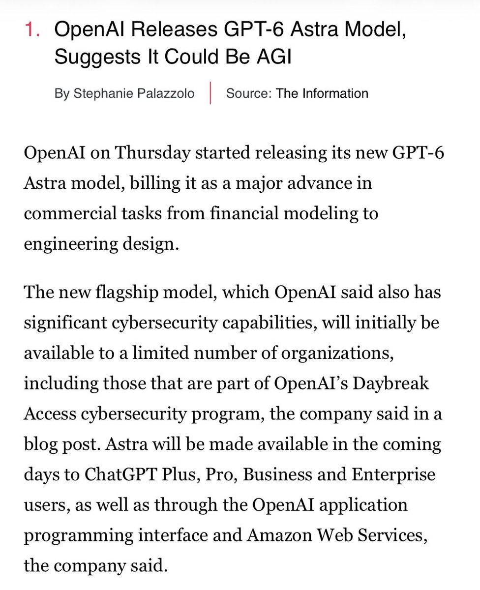 A month ago: OpenAI says GPT-6 could be AGI (spoiler alert it wasn’t)

Today: OpenAI admits current ...