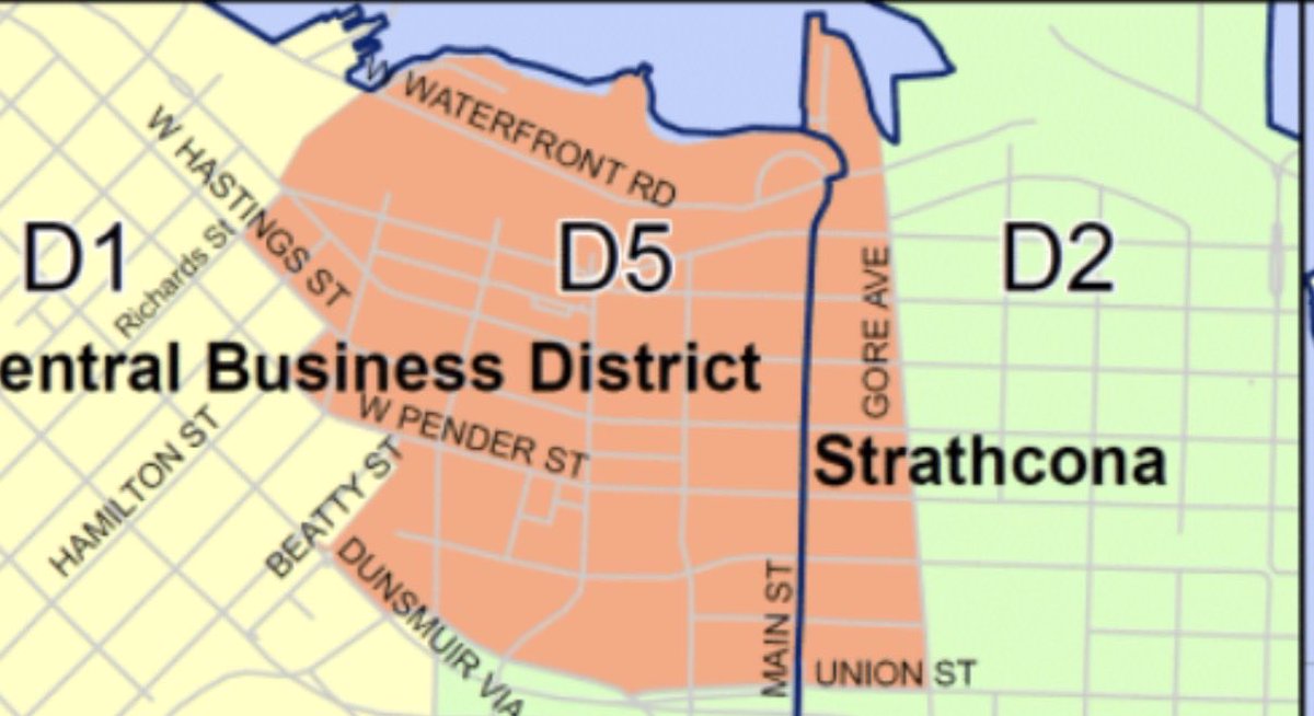 stephforreal's tweet photo. You know what’s interesting district 5 that got a ton more money doesn’t cover the block between Dunlevy and Gore. I assume that means the barrage doesn’t cover it either. That block has a VERY high level of gang activity, room take overs, VAW and debt collecting. #vanpoli https://t.co/OPfWJ0KZ1p