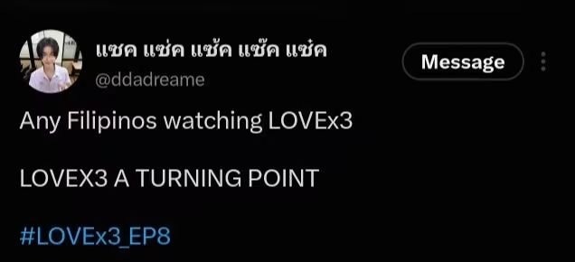 myloveforvocals's tweet photo. Dedee of Tia51 (LOVEx3 series) asked if there were Filipinos watching LOVEx3 🥹😭 I'm so glad he knew about us (Filo fans) 🫶🥹
We love you, Dedee!! We are always watching LOVEX3 🫶
LOVEX3 A TURNING POINT
#LOVEx3_EP8 https://t.co/v7IxI2bvHK