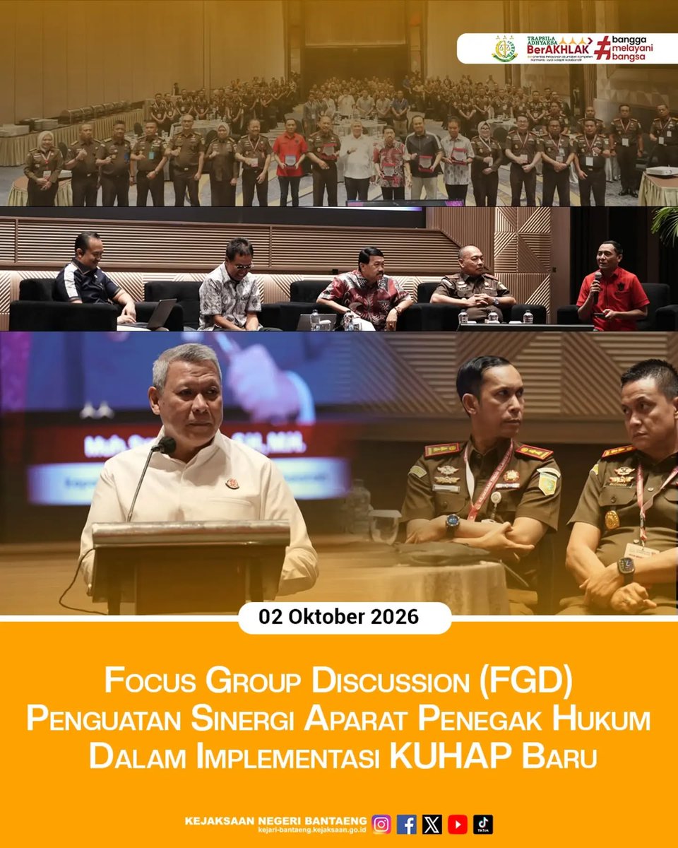 KNBantaeng's tweet photo. Kepala Kejaksaan Negeri Bantaeng, Hadi Sukma Siregar, S.H., C.N., bersama jajaran mengikuti kegiatan Focus Group Discussion (FGD) dengan tema “Penguatan Sinergi Aparat Penegak Hukum dalam Implementasi KUHAP Baru” yang diselenggarakan di Makassar, 02 Oktober 2026. https://t.co/uuqfeNBBQM