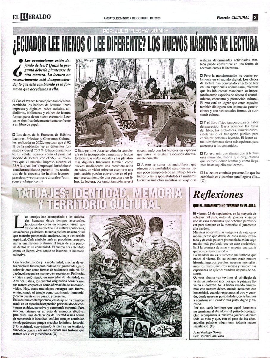 FLECHA_JR's tweet photo. Hoy me estrené como columnista de Pizarrón Cultural del diario El Heraldo de Ambato.

Agradezco a mi gran amiga Camila Valle Chacón, periodista cultural y escritora, por permitirme formar parte de este importante proyecto cultural. https://t.co/4fnLKvusVD