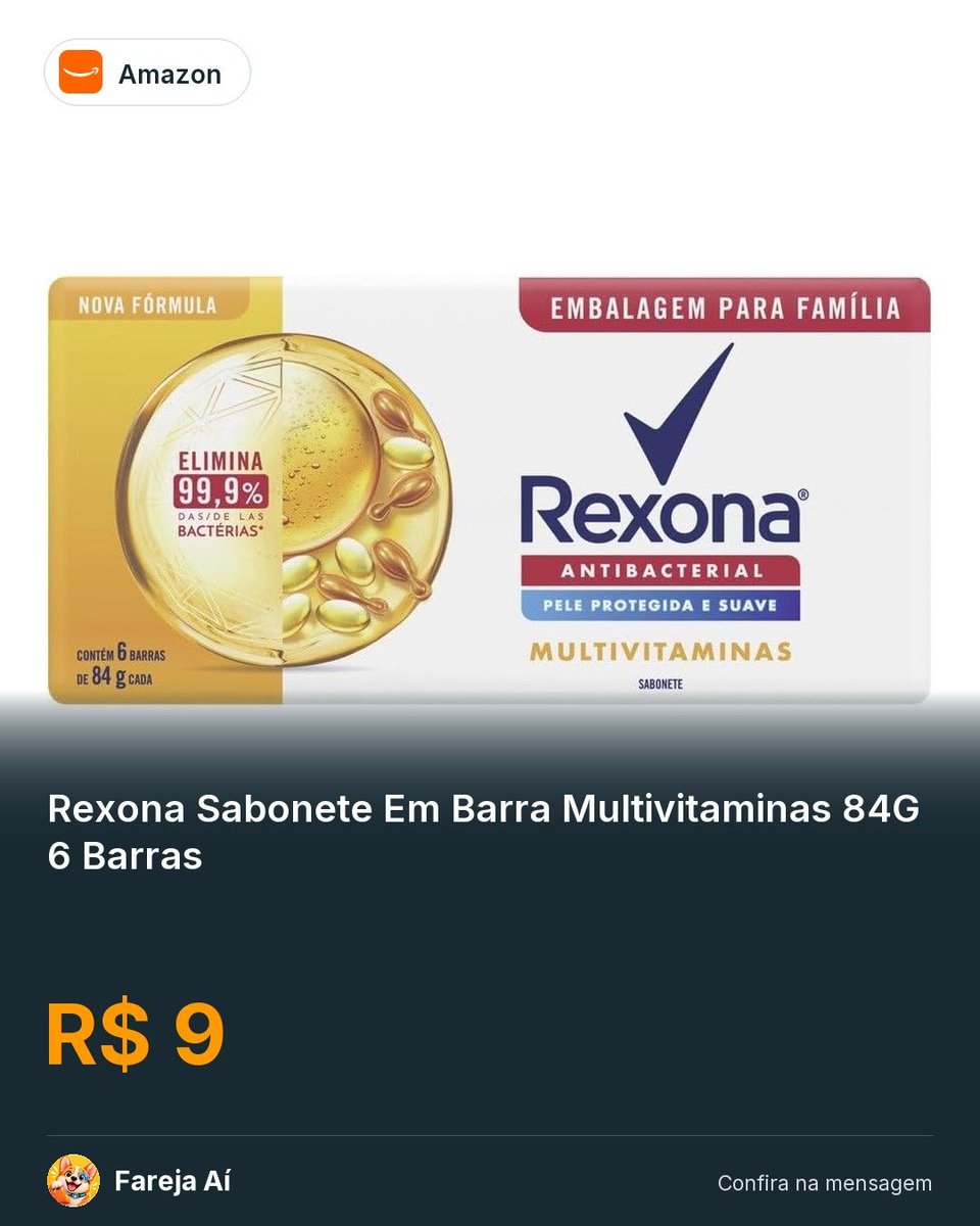 FarejaAi's tweet photo. 🔥Rexona Sabonete Em Barra Multivitaminas 84G 6 Barras - R$ 9
Compre aqui:
https://t.co/iFswo6AcaB
#CompreAqui #Ofertas https://t.co/sqwyME7svU