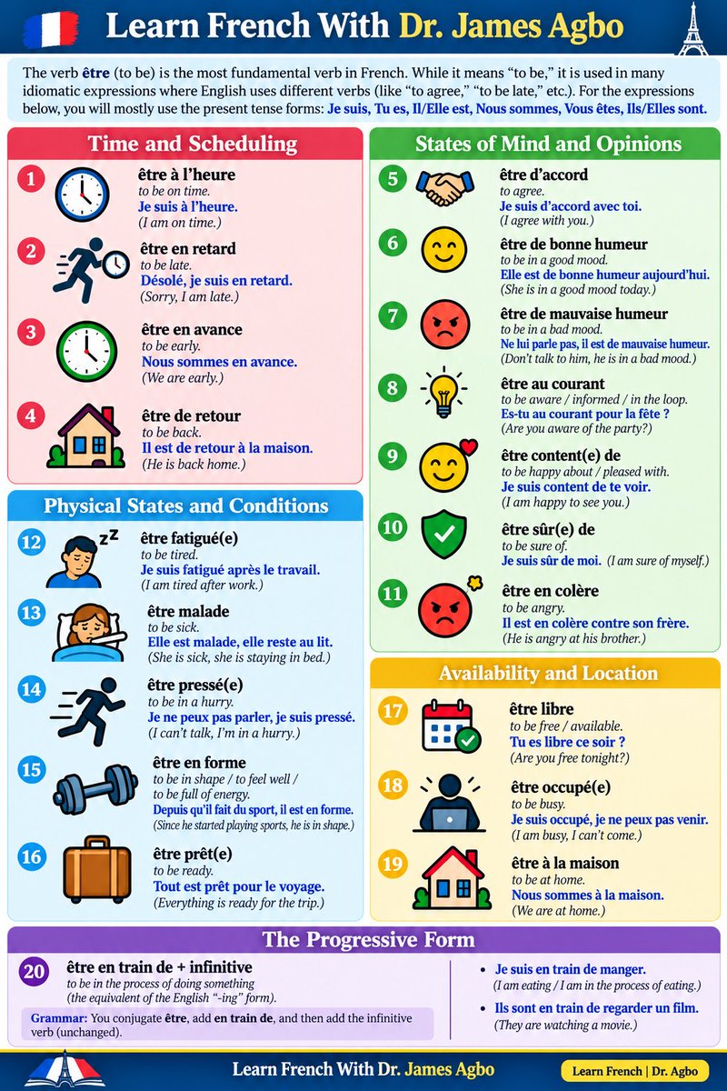 James2020Agbo's tweet photo. 🇫🇷 Expressions avec ÊTRE !
Découvrez des expressions françaises très courantes avec le verbe être. 📚✨ Laquelle utilisez-vous déjà ? Dites-le en commentaire ! 👇 👍 Aimez | 💬 Commentez | 🔄 Partagez | ➕ Suivez #FrenchVocabulary #ApprendreLeFrançais #FrenchWithDrJamesAgbo https://t.co/uQ4qu89VZN
