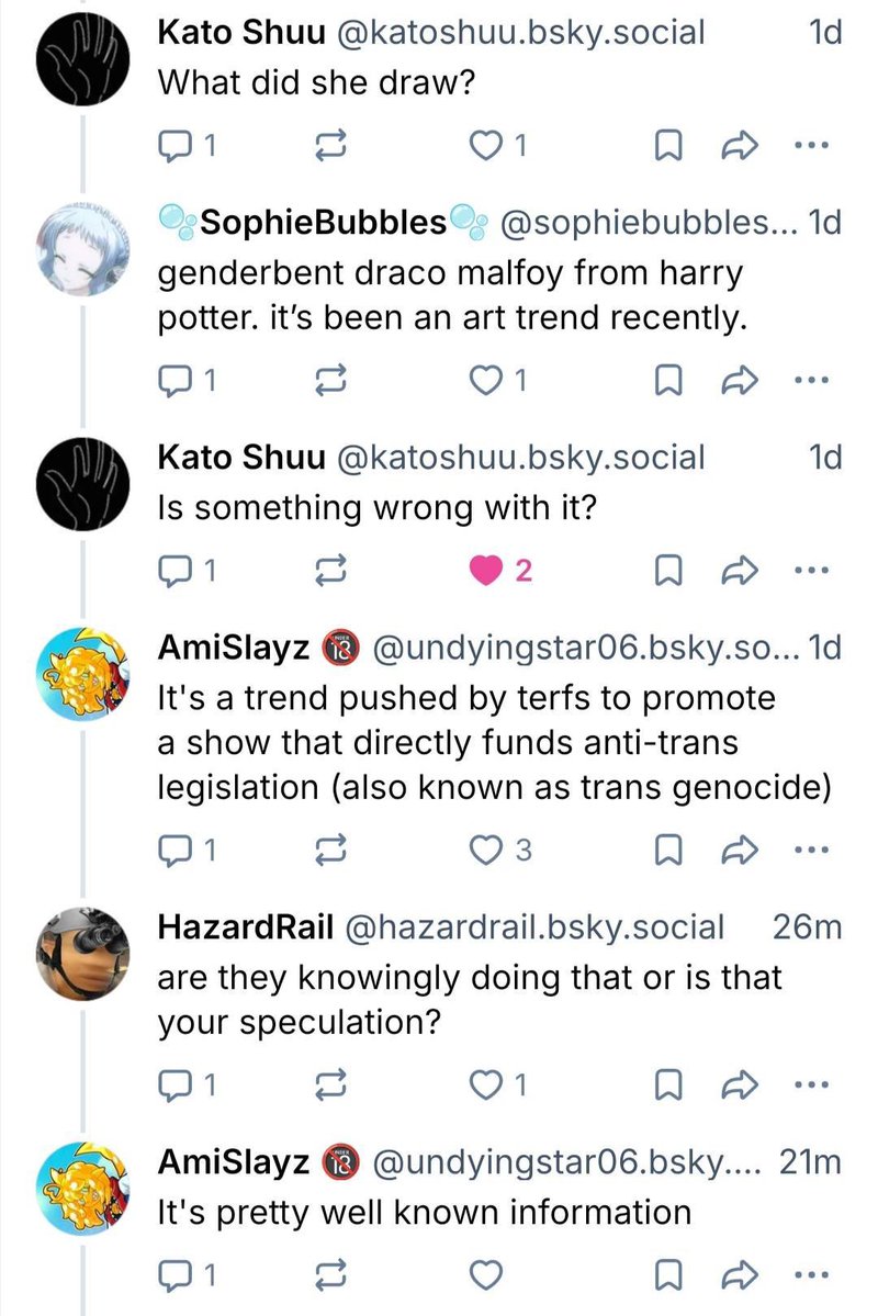 GiveMeBanHammer's tweet photo. BS🦋 users are…not good people.

Yunayuispink posted Malfoid Art on BS🦋, and predictably the crowd over at that site harassed the artist to the point she took it down and forced to make an apology.

Of course knowing the tyoe of users BS 🦋are, an apology is often not enough - as users are also calling for others there to dig into her account before deciding whether her apology is “good enough” for them, see pic 3.

Yuna reposted her art on X now, and her reception is the opposite of BS🦋, mostly or all support and compliments for her work.

I hope this is a proper lesson to many Asian Artists to NEVER post any art to BS🦋. You do not have to be miserable, and posting your art there gives you nothing but misery.