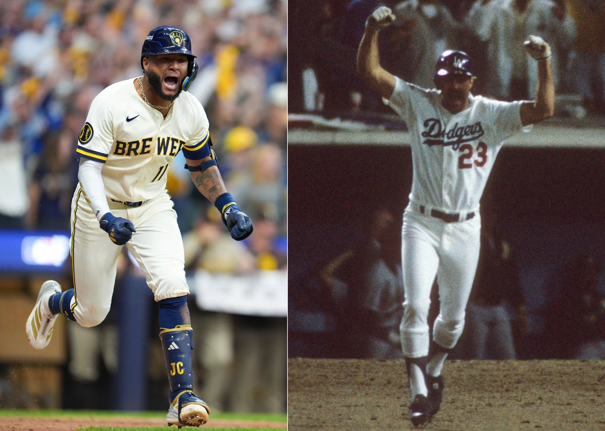 OptaSTATS's tweet photo. Jackson Chourio is the second MLB player to deliver a postseason walkoff hit with his team trailing &amp; with a pitcher who led his league in saves during the regular season on the mound (since saves became official in 1969).

The other was Kirk Gibson off Dennis Eckersley in 1988. https://t.co/sS0AbF50pV