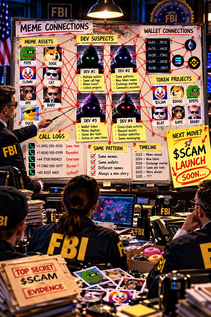 Rug_Scam's tweet photo. The FBI made a board to track $SCAM

Same memes
Same wallets
Different names
Somehow every red string still ends at a hoodie 👀

They think yellow note in the corner is a clue of the next move 🗝️ 

Think they're right?

Our call center will contact you

🌐 https://t.co/QnwPdVd0Fn https://t.co/QIuITCsvro