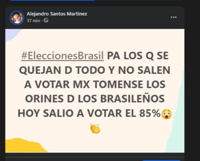 XALEXSAM's tweet photo. #EleccionesBrasil #SereBreve #VivaLaDemocracia 🗳 ELECCIONES EN BRASIL: LAS LECCIONES Y EL PRESAGIO PARA MÉXICO

Elecciones en Brasil. Bueno, de última hora ya se confirma que va a haber segunda vuelta el próximo 25 de octubre, es decir, en tres semanas. Pero hay datos sobresalientes:

Primero, que la izquierda está perdiendo terreno en Latinoamérica y es el presagio de la muerte anunciada de México.

Pero también hay que dejar claro algo: la izquierda es tramposa, tramposa, pero sobre todo se comporta como criminal, se comporta como un cobarde, no sabe perder, no sabe perder, jamás ha sabido perder. Aquí en México tenemos décadas viéndolos, al menos las últimas dos.

Y luego tenemos también otra cuestión: ellos hacen un chingo de trampas y todo eso, es decir, se convierten en una mamada de movimiento.

• Cuando ganan: A pesar de todas sus trampas y todo lo que hacen (compra de votos y todo eso), salen a decir: "No, es que la elección fue superlimpia, invitamos a que la oposición, cualquiera que sea, o los opositores o los perdedores, como lo queramos ver, sean responsables con la democracia". Ahí sí hablan de democracia porque ganaron y piden que todos salgan y ya acepten la derrota, que normalmente siempre ha pasado así: los opositores o los perdedores salen y con gallardía aceptan la derrota.

• Pero, ¿qué pasa cuando pierden?: Empiezan a chillar, empiezan a hacer movimientos, empiezan a hacer desmadres, dicen que les robaron la elección y no sé qué, y que jamás van a aceptar la derrota, que jamás, que fue una trampa... Es decir, son una mamada de movimiento, por eso la gente cada día los aborrece.

La izquierda es la peor porquería, o sea, los partidos en sí son una porquería, lo estamos viendo en Occidente. Pero si nos vamos a quién es el peor puerco, el peor cerdo: la izquierda. O sea, por norma general todo POLÍTICO Y PARTIDO SON UNA SCO LO PERO DEL MUNDO, porque yo siempre he dicho: son unos parásitos imbéciles que echan a pelear al pueblo y lo dividen. Pero si vamos a lo peor: la izquierda.

Pero aquí hay un dato muy importante que yo sí quiero recalcar y quiero recordárselos porque lo he venido diciendo desde 2024:

Dejen de quejarse, amigos. Tenemos la oportunidad el próximo año de salir a votar. Yo no les voy a decir por quién voten, simplemente salgan y voten. Ojalá y se reconfigure a México con un voto más participativo.

En Brasil salió el 85% de la gente, 85%, amigos. En México la cifra más histórica alcanza apenas el 64%. O sea, 20 puntos de diferencia, una brutalidad.

P.D. Ojalá y el ejemplo de Brasil en este punto, de civilidad y todo, lo tengamos que hacer el próximo año. Espero que lo cumplamos.

NOTA: EL RESULTAOD FINAL SERA DIFERENCIA DE 5 PUNTOS PARA BOLSONARO

Alejandro Santos Martínez (By Alexsam / El Caballero de la Noche)

IAG Ultra Tech Fiscal Disruptiva | Neurofiscalidad Advanced

#ElCaballeroDeLaNoche #ByAlexsam #ResistenciaDigital #CiberSeguridad #A_MexicoSeLeRespeta #UltraTech

@PartidoMorenaMx  @Claudiashein  @LuisaAlcalde  @A_MontielR  @lopezobrador_