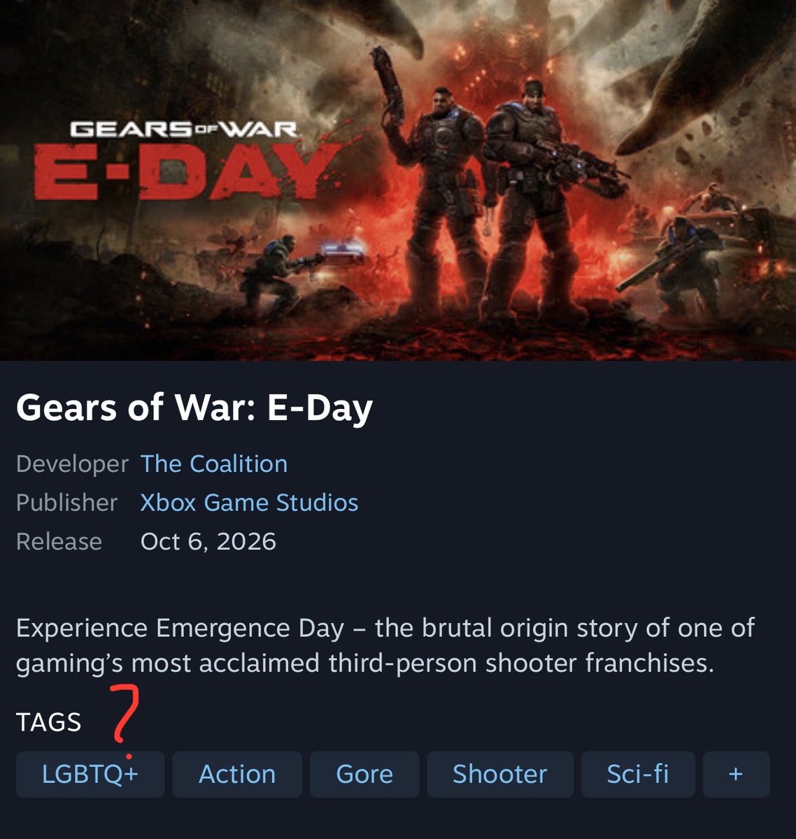 Fragniac's tweet photo. Them: Gears of War isn’t pushing an ideology you bigot!
Gears of War: https://t.co/Jp89iikLGJ