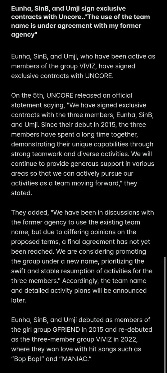 viviz_update's tweet photo. [📰] - #Eunha, #SinB, and #Umji, who have been active as members of the group #VIVIZ, have signed exclusive contracts with UNCORE.

#VIVIZ #EUNHA #SINB #UMJI #비비지 #은하 #신비 #엄지 @VIVIZ_official https://t.co/CYOuQAt5rE