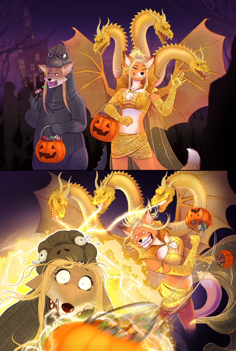 Ask_Shemeshka's tweet photo. With Shemeshka'ween approaching, and with Godzilla Minus Zero coming out, here's one of my favorite outings for the holiday!

*preen*

[Art by Nanihoo]

#Planescape #dnd https://t.co/X6wsGZVsrM