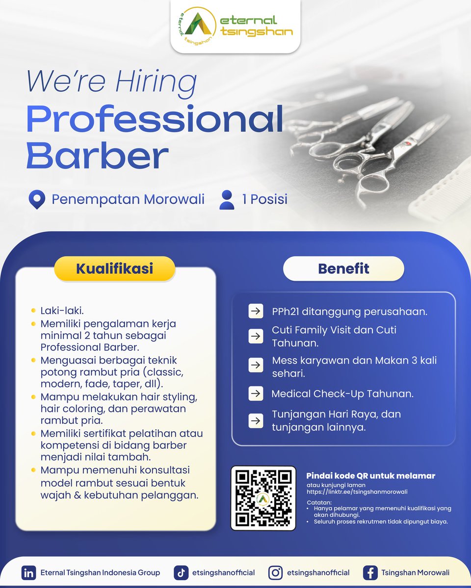 TsingshanGroup1's tweet photo. 💈 We're Hiring | Professional Barber

Punya passion di bidang barbering? Saatnya bergabung bersama kami dan tunjukkan keahlian terbaikmu.

📍 Penempatan: Morowali

#StartYourCareerWithTsingshan #OpenRecruitment #Barber #hairdresser #IMIP https://t.co/K4MSLQsX4Q