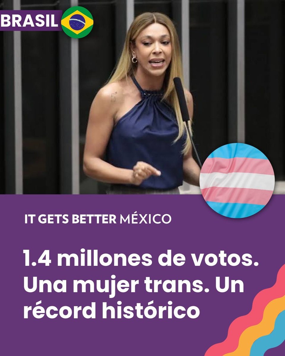 ItGetsBetterMx's tweet photo. Erika Hilton, mujer trans y negra, hace historia en Brasil: con más de 1.4 millones de votos, es la mujer más votada en la historia de la Cámara de Diputados. 🏳️‍⚧️✨ Superó el récord de 2018 y obtuvo más de cinco veces su votación de 2022. 🇧🇷🗳️ https://t.co/EWxe3z7FTw