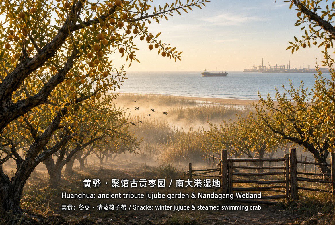 Kolin_Kim's tweet photo. 早安。把第一口海风，寄到河北省黄骅市。
黄骅是沧��代管的县级市，坐落在渤海湾西岸，以烈士黄骅的名字命名。聚馆古贡枣���是全国重点文物保护单位里少见的活态植物遗产，园中百年古冬枣树仍结着皮薄酥脆的贡枣；Juguan Ancient Tribute Jujube Garden, a rare living heritage site, still yields the crisp winter jujubes once offered to the court. 南大港湿地被称作“华北之肾”，清晨芦苇轻摇，候鸟贴水飞过；Nandagang Wetland, called the kidney of North China, wakes with reeds and migratory birds. 码头边上，梭子蟹和对虾刚上岸，本地人说：一颗冬枣，配一锅清蒸蟹，就是黄骅的早晨。
今晨预报：晴，10–23℃，西风3–4级，空气质量优。薄外套出门刚刚好。
愿你今天也咬到一口清甜，日子像退潮后的金沙滩一样敞亮。
#早安 #中国县级市 #黄骅市