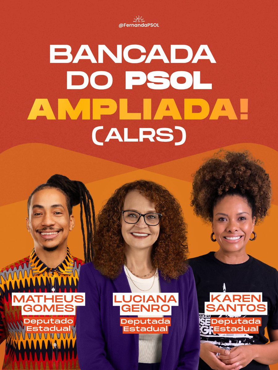 fernandapsol's tweet photo. O PSOL gaúcho mostrou sua força nessas eleições e garantiu mais uma cadeira na Assembleia Legislativa. Parabéns, @lucianagenro , @matheuspggomes e @karensantospoa .

A eleição de Zucco no primeiro turno coloca um enorme desafio para quem defende os direitos e as lutas do nosso povo. Por isso, ter uma bancada ampliada do PSOL será ainda mais importante: para enfrentar os retrocessos no nosso estado e fortalecer as lutas que serão necessárias nas ruas.

Parabéns, companheiros e companheiras. Estaremos juntos nessa batalha.
Pra cima deles! ✊🏻