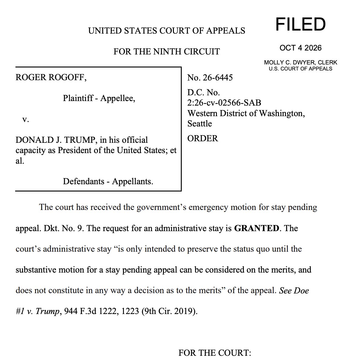 kyledcheney's tweet photo. The 9th Circuit has blocked the reinstatement of Roger Rogoff as U.S. attorney, maintaining the status quo until a panel can respond to the Justice Department's emergency motion to stop it.

https://t.co/xpw2oY60al https://t.co/autFPWFDUe
