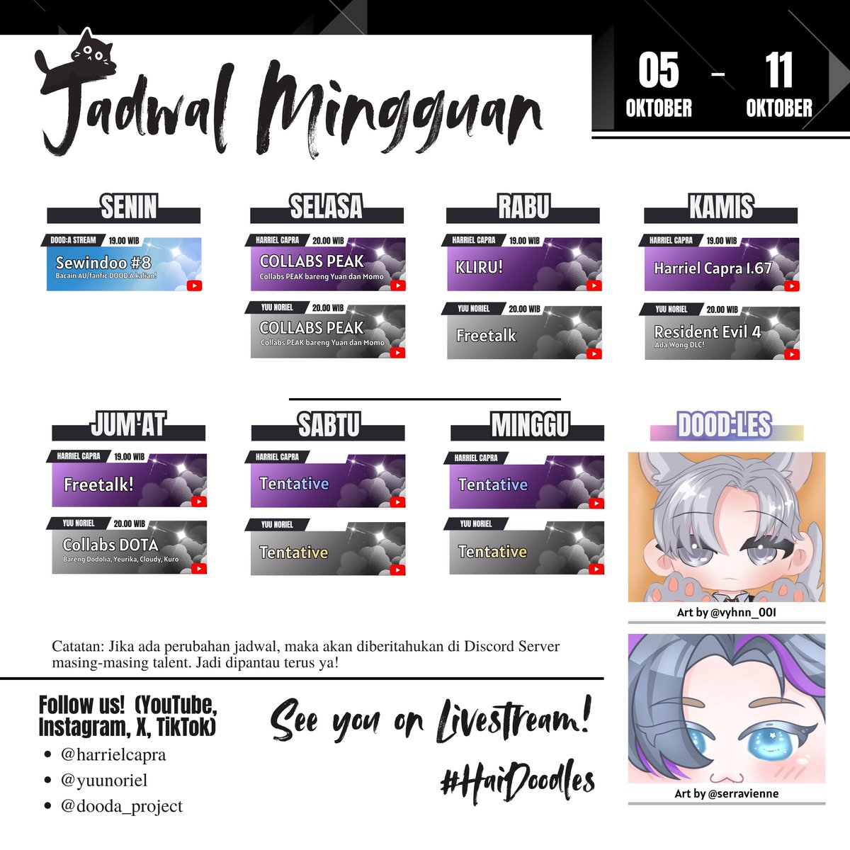 dooda_project's tweet photo. Hola DOOD:LES!

Berikut adalah jadwal stream untuk 5 Oktober - 11 Oktober mendatang~

✦Hashtag:

✦General — #DOODAProject
✦Live — #SewinDoo
✦Art — #DOODraw
✦Clip — #DOODAction
✦Meme — #Doodidam
✦Fanfic/AU — #DOODArchive
✦Fandom — #HaiDOODLES https://t.co/Qk8H966StG
