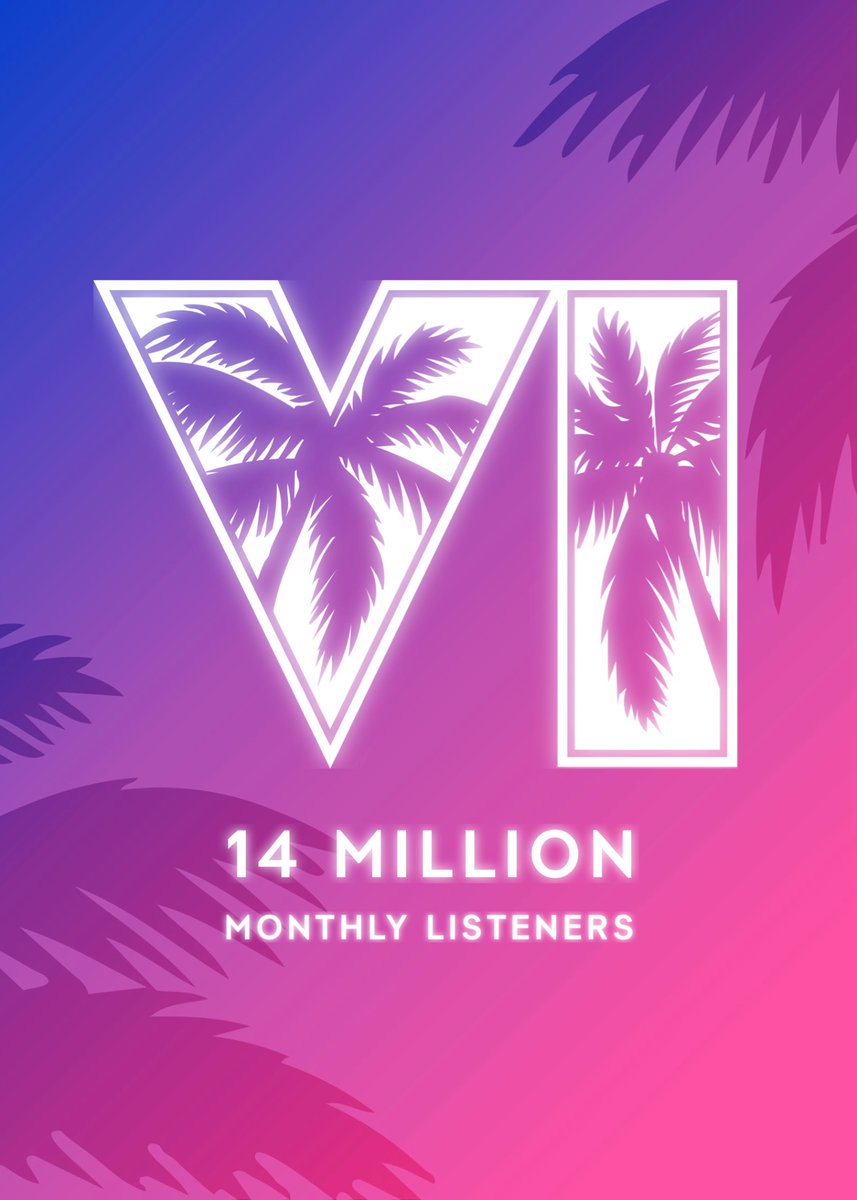 GTAVI_Countdown's tweet photo. GTA 6 currently has 14 million monthly listeners on Spotify and the full album hasn’t even released yet.

Most streamed tracks:
1. Last Thing You Need: 17.6 million
2. RHYNO: 11.4 million
3. Macacoa 2000: 8.8 million
4. Sexy Magic: 8.5 million
5. That’s it: 5.1 million
6. Bright Lights, Big City: 1 million