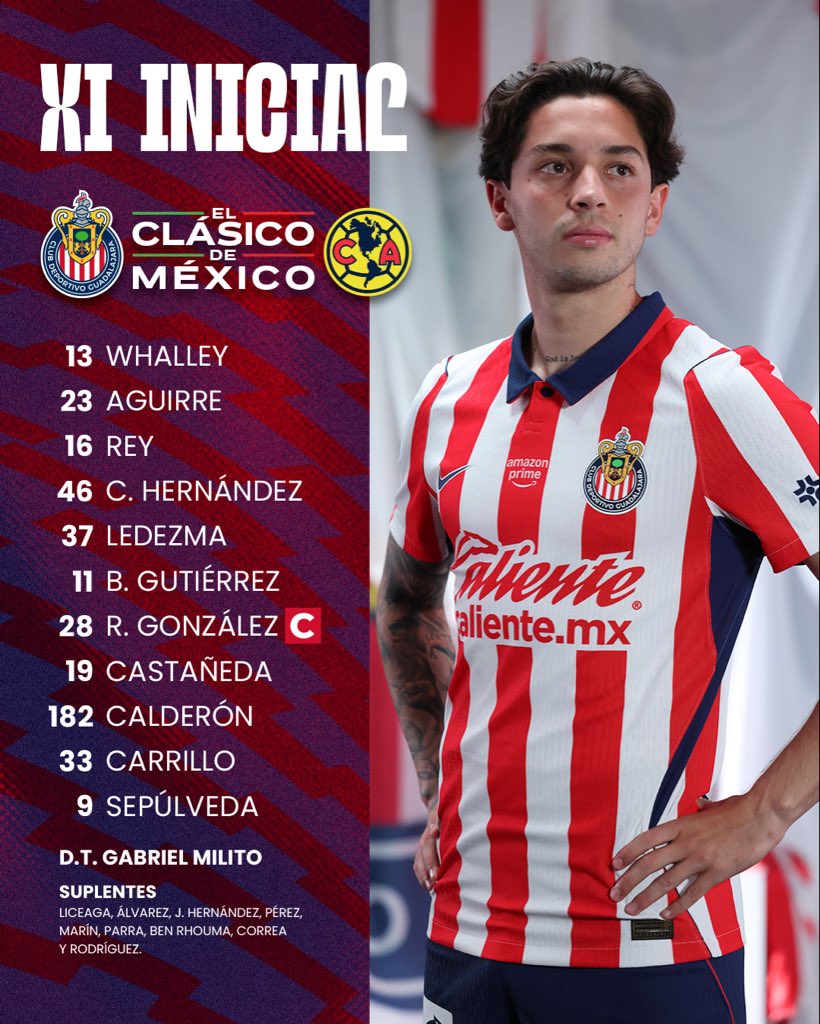 Chivas's tweet photo. ⚔️ ¡EL XI DEL GUADALAJARA PARA #ELCLÁSICODEMÉXICO EN OAKLAND! 🇫🇷

¡VENGAAAAAA, CHIVAS! 🐐 https://t.co/85RoSR6WNm