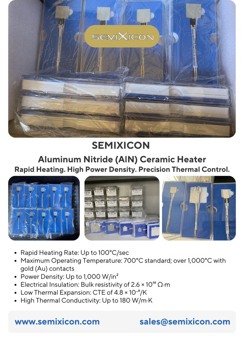 Maryli8868's tweet photo. SEMIXICON Aluminum Nitride(AlN)Ceramic Heater
https://t.co/BXwKUe6ahq
#AluminumNitrideHeater #AlNCeramicHeater #RapidHeating #AlNHeater #SemiconductorHeater #WaferHeating #ThermalManagement #WaferProcessing #PVDHeater #VacuumHeating #ThermalChuck #WaferBonding #HybridBonding https://t.co/Kf9nLt7HEP