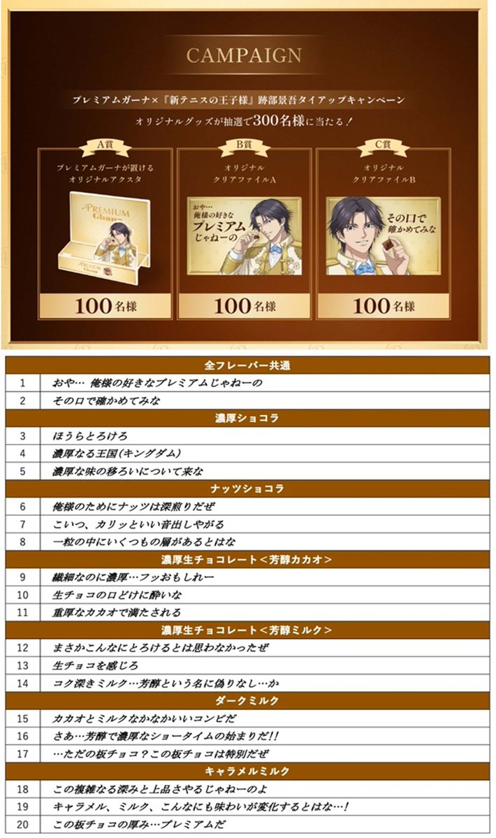 shimapatobu's tweet photo. ロッテ プレミアムガーナ『新テニスの王子様 跡部景吾』コラボのキャンペーンが2026年10月5日(月)〜開催！
内容まとめ！

https://t.co/HjoKx2NA4a

#新テニスの王子様　#テニプリ　#テニスの王子様　#ロッテ　#ガーナ #跡部景吾

『新テニスの王子様』 跡部景吾様オリジナル描き下ろしビジュアル＜全４種＞/コメント＜全20種＞
抽選でグッズが当たるキャンペーン
東武東上線池袋駅 中央フラッグをジャック

限定パッケージやグッズの販売などは無いと思われます。

※店頭のノベルティ配布なども実施される場合はお知らせします。