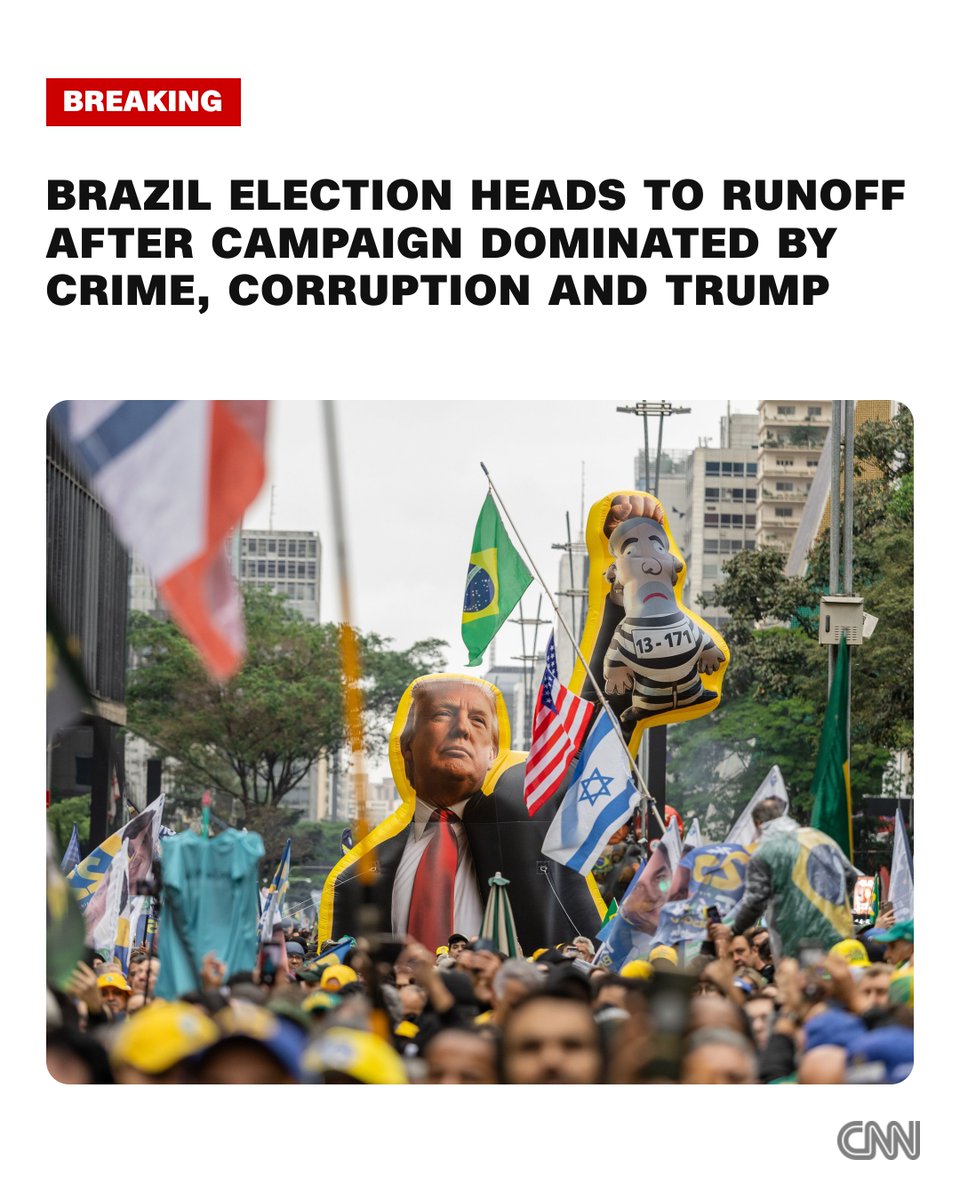 CNN's tweet photo. Brazil’s presidential election is heading to a runoff after a surprise first-round victory for right-wing Senator Flávio Bolsonaro who will face leftist incumbent Luiz Inácio Lula da Silva after neither secured more than 50% of the vote, the threshold required to win outright. https://t.co/XTZPySDhJd