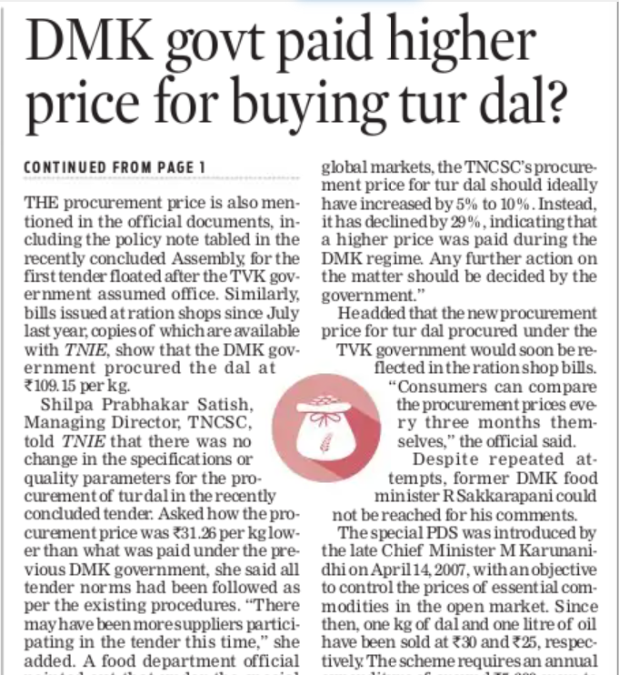 Sidprabhakar7's tweet photo. TVK govt saves Rs 187 crore in three months in Tur Dhal procurement by paying Rs 31/kg less. 
This is exactly what @Arappor @JayaramArappor have been saying for a decade in their complaints to TN govt, that procurement price for PDS essentials is too high due to cartelisation.
Super report @anbu_madras @xpresstn