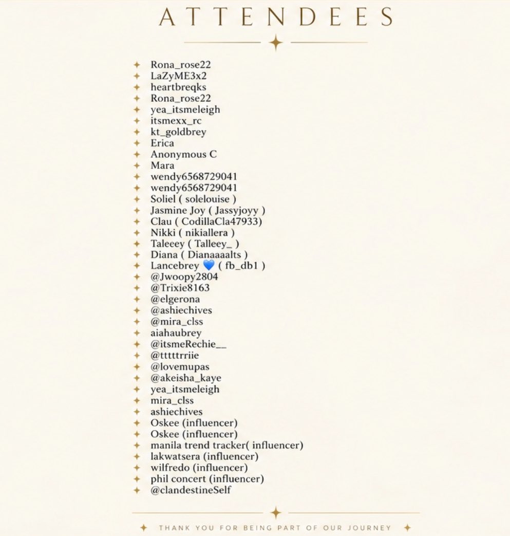 LanceBreyAvenue's tweet photo. Transparency Report ✨

Sharing the breakdown of our donation/pasabuy tickets and attendees for everyone’s reference. 

From the bottom of our hearts, thank you to everyone who donated, got tickets, joined us and supported this little project of ours. Every bit of love and support truly means more to us than you know. 🥹💛

@Itsmeaubreyc our brightest star, we’re so happy to see you on that stage and witness you doing something you truly love. Seeing you shine and enjoy the moment makes everything so worth it. We’ll always be cheering you on. Concert soon please! ✨

To @LoveBreyOFC, thank you for being so patient, understanding and kind to us. Thank you rin sa gmeet and for allowing us to experience and witness the gig virtually.

And to influencers @its_oskee and Lakwatsera, who took the time to support us, thank you from the bottom of our hearts. Thank you for spending your sunday night with us and for making time despite your own busy schedules. Your presence, support and effort truly mean a lot to us and will always be appreciated.🥹

Here’s to more memories, more moments, and definitely more to go! 🫶✨

With love, Lancebrey Avenue ⭐️

Note: Wendy, Phil Concert, Manila Trend Tracker, and Sir Wilfredo weren’t able to attend due to personal reasons.