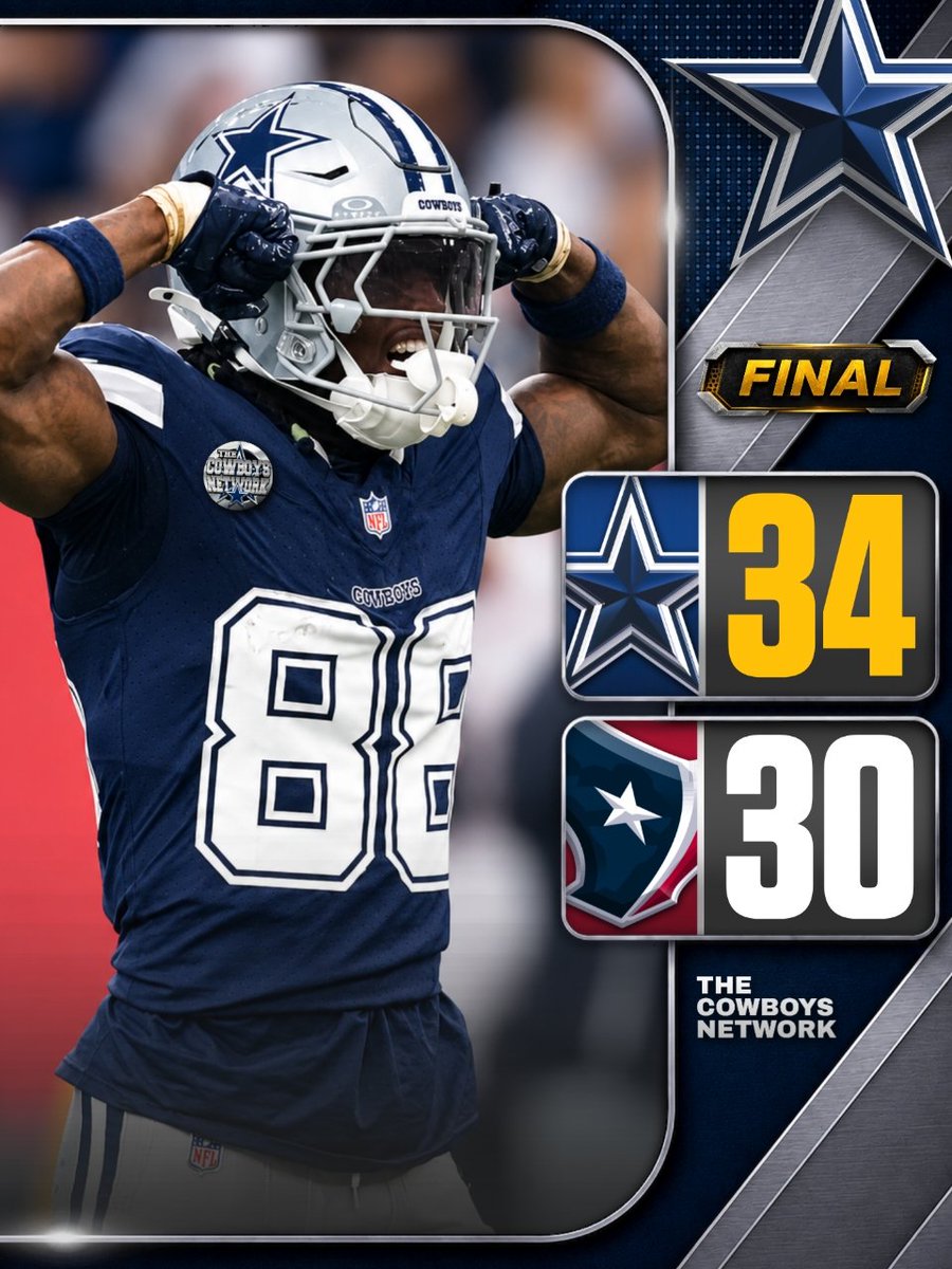 TheCowboysNet's tweet photo. COWBOYS WIN! #DallasCowboys take care of business in Houston: Cowboys 34 - Texans 30 ✭ https://t.co/EfrFKejNEC