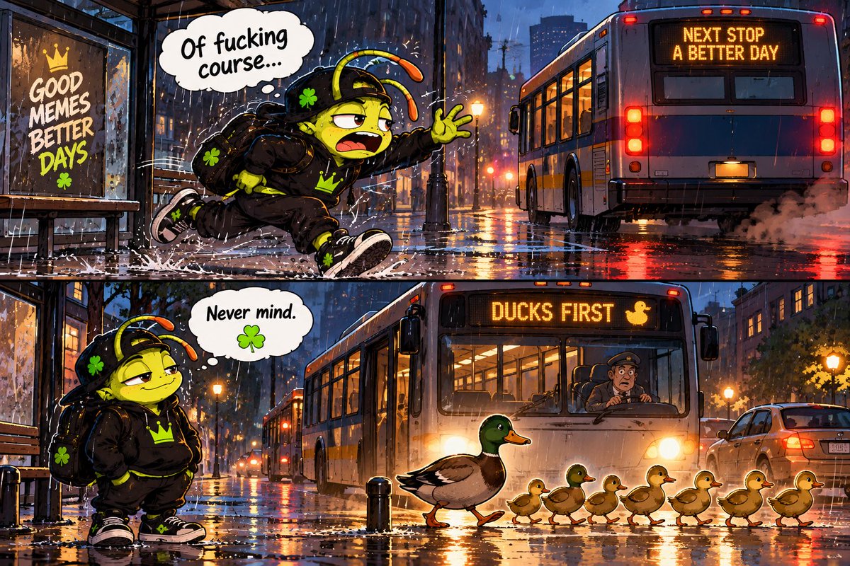 criketcoin's tweet photo. Criket thought his luck finally ran out.

It lasted about 5 fucking seconds. 😂🍀

Missed the bus.
Ducks stopped the bus.
Criket caught the bus.

At this point, even the universe is in on the joke. 🦗

$CRIKET

#LuckyCriket #CriketCoin #Memecoin #CryptoMemes https://t.co/t7DsYOLqiu