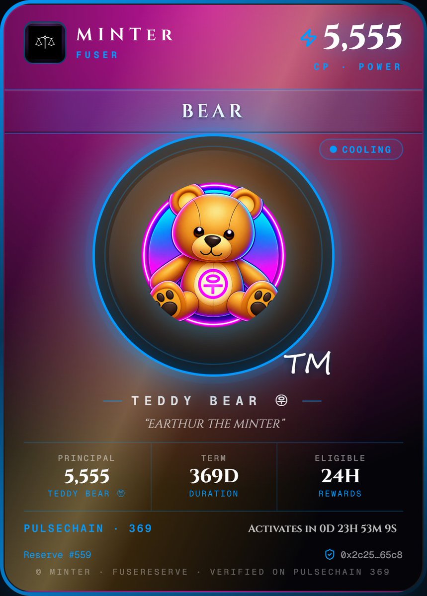 CarlosCCCLXIX's tweet photo. FUSEReserve #559 · $BEAR
5,555 TEDDY BEAR ㉾ committed · 5,555 CP
Status: Cooling
$BEAR on FUSEr: 25 FUSEReserves · 138,875 $BEAR committed · 138,875 CP
Forge your own FUSEReserve on https://t.co/EcriRbShBq:
https://t.co/DaGxXaMHEa
#FUSEr #MINTer
https://t.co/eFFKSNgwxw https://t.co/aHgS5Fm470