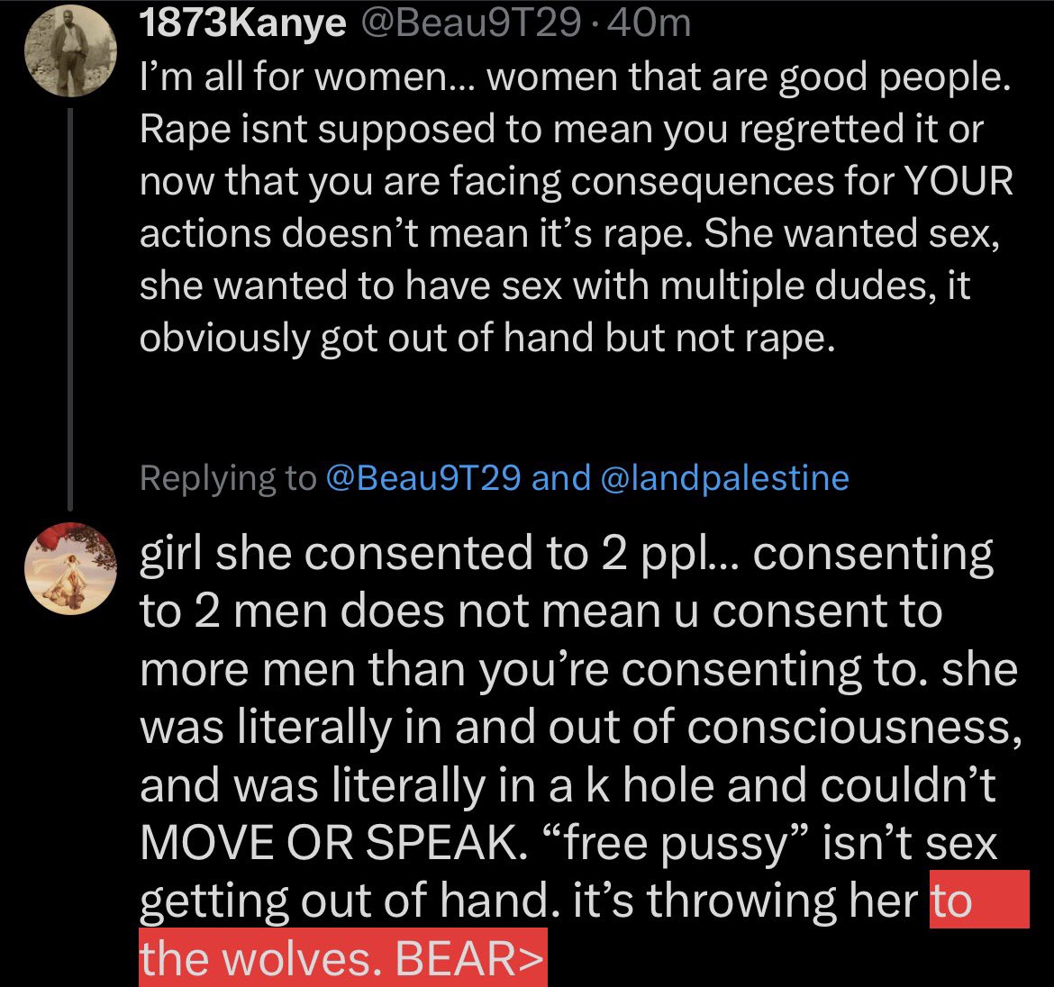 sunshinebnzi's tweet photo. @Beau9T29 @landpalestine also HOW THE FUCK. are you going to judge her character and you know 0 about who she is and what kind of person she is. it was rape. you just see women as sex objects weird ass https://t.co/Q8mrtp4Cxm
