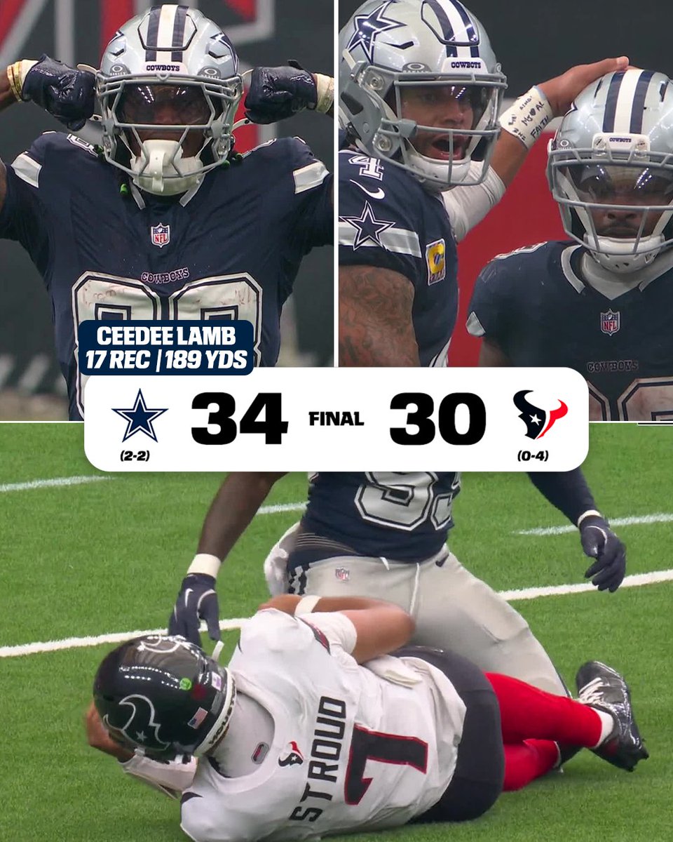 SportsCenter's tweet photo. COWBOYS WRANGLE THE TEXANS TO WIN THE BATTLE OF TEXAS 🤠

The Texans fall to 0-4 😳 https://t.co/eNka88gFC1
