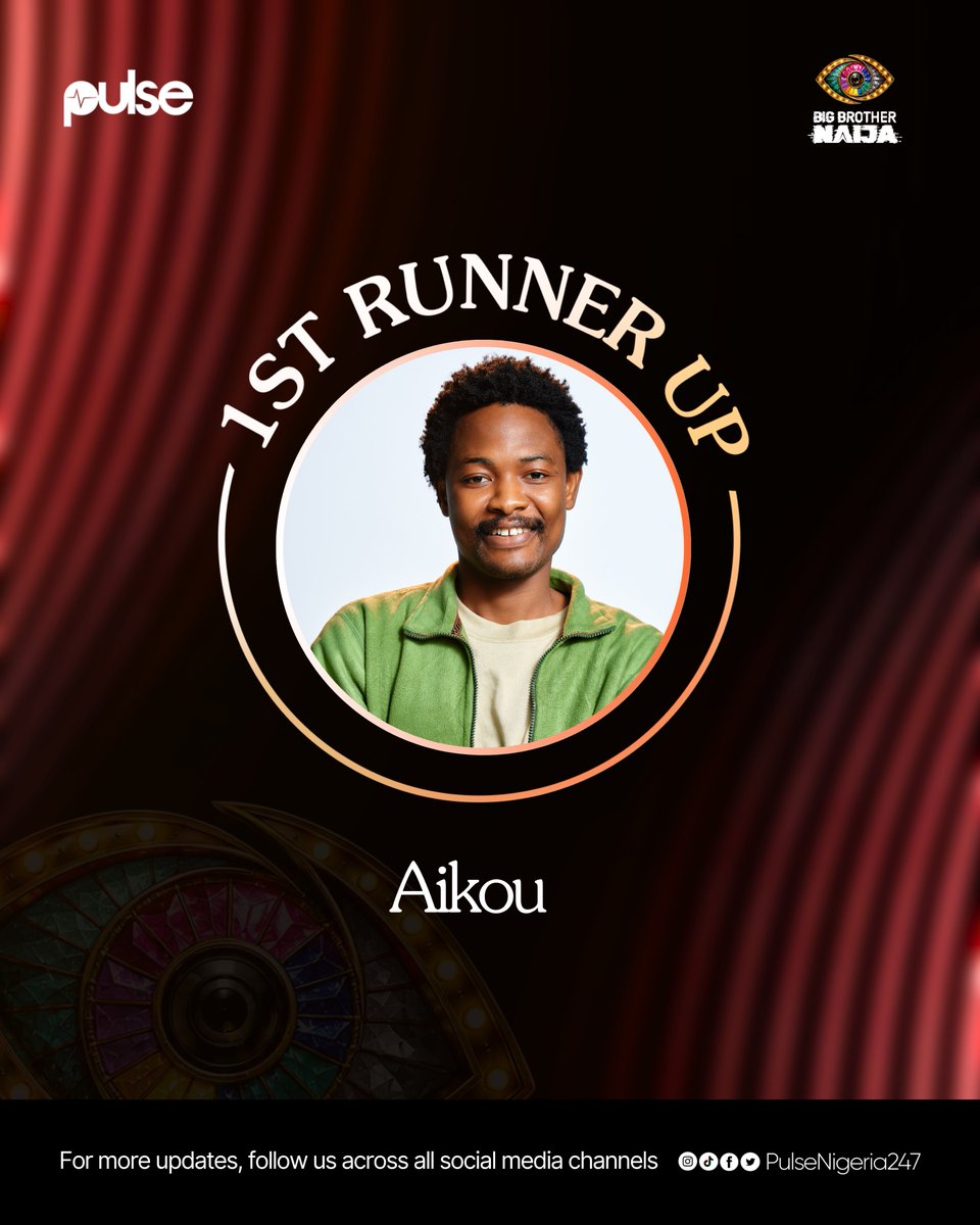 PulseNigeria247's tweet photo. Aikou emerges as the 1st runner-up of Big Brother Nigeria Season 11. 👏🏽

#BBNaija #PulseBBNaijaSeason11 https://t.co/NSi36T2qd6