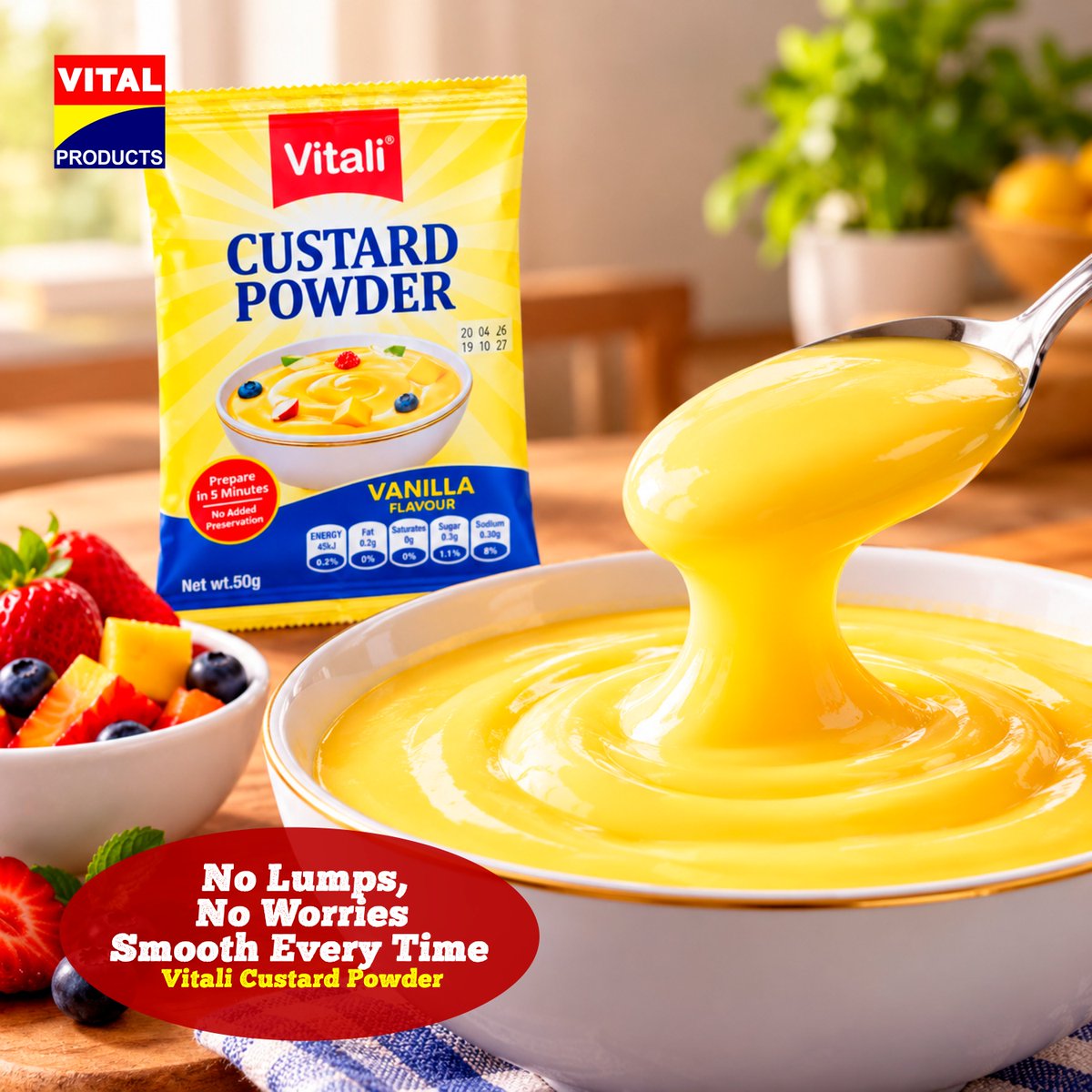 VProductsplc's tweet photo. From the first preparation to the final spoonful, count on Vitali Custard Powder for smooth, comforting goodness your family can enjoy. There will never be a lump.

#VitalProducts #VitaliCustard https://t.co/4vMGU6EMnT