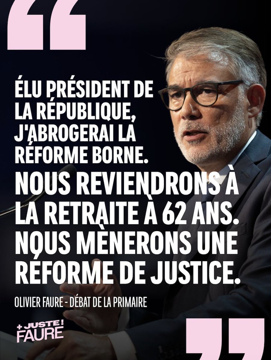 thcassigneul's tweet photo. @faureolivier :  Président de la République, j'abrogerai la réforme Borne. Nous reviendrons à la retraite à 62 ans. Nous mènerons une réforme de justice."
https://t.co/Y9siee9T6S
#AvecFaure2027 #BFM #VousPresident #Primairedegauche https://t.co/FsJSNNBne6