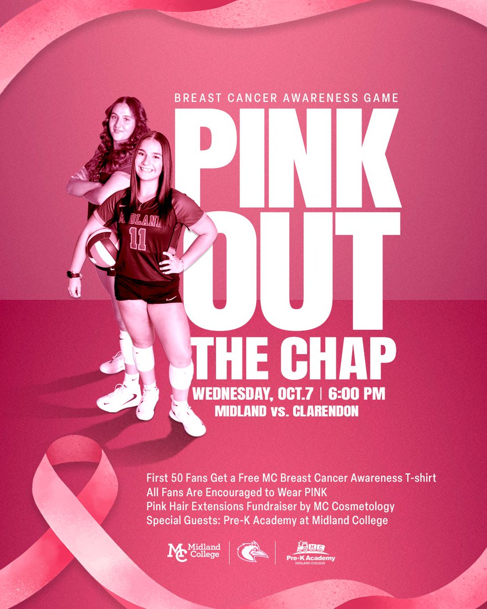 Midland_College's tweet photo. 🏐💗 PINK OUT the Chap! @MCVolleyball_ 𝐯𝐬. 𝐂𝐥𝐚𝐫𝐞𝐧𝐝𝐨𝐧 | 𝐖𝐞𝐝𝐧𝐞𝐬𝐝𝐚𝐲, 𝐎𝐜𝐭. 𝟕 | 𝟔 𝐩.𝐦.
👚 FREE shirt for the first 50 fans
🎀 Pink hair extensions from MC Cosmetology
💗 You know the dress code: PINK.
And our MC Pre-K crew will be in the house! 🙌
#GoChaps👌 https://t.co/Ax4WvmvU7p