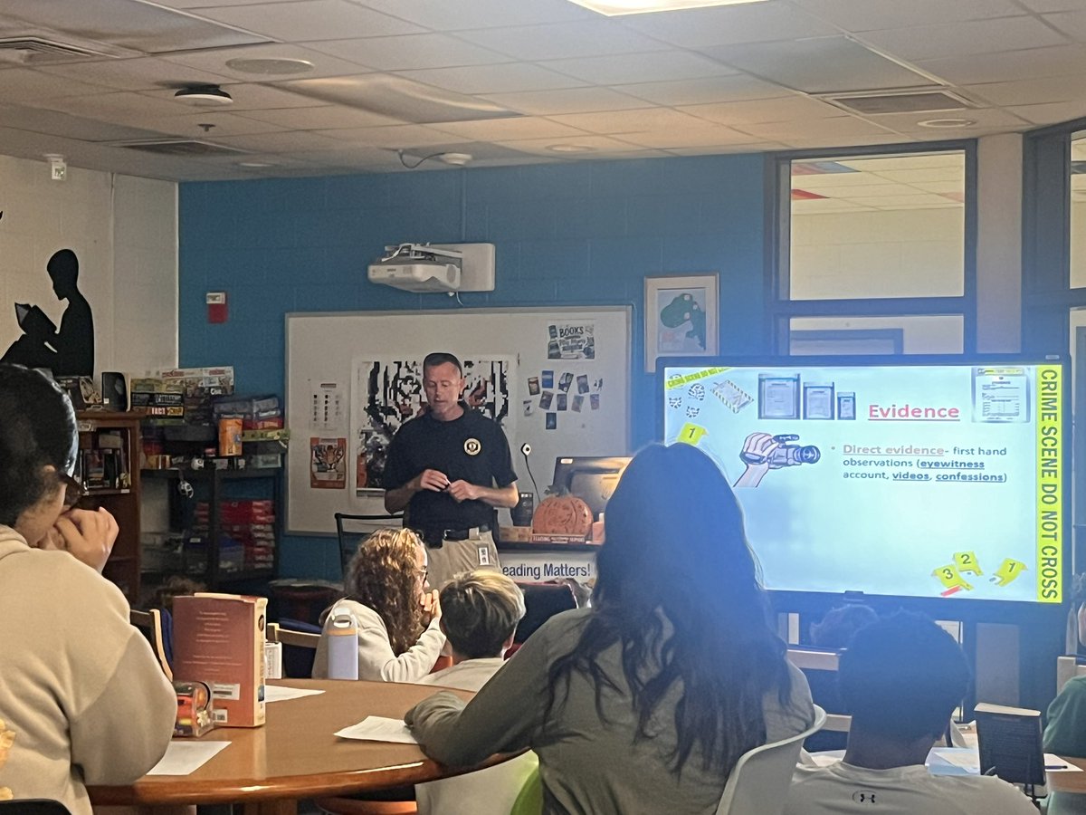 LibraryRmms's tweet photo. 🔎 CSI comes to RMMS! A HUGE thank you to our remarkable SRO, Tim Wright, for sharing his crime scene investigation expertise with our 8th grade English classes! The perfect kickoff to our Mystery Box Project! 🔍
#RMMSLibrary #CSIatRMMS #RealWorldLearning #Collaboration https://t.co/dSlkT7cKHY