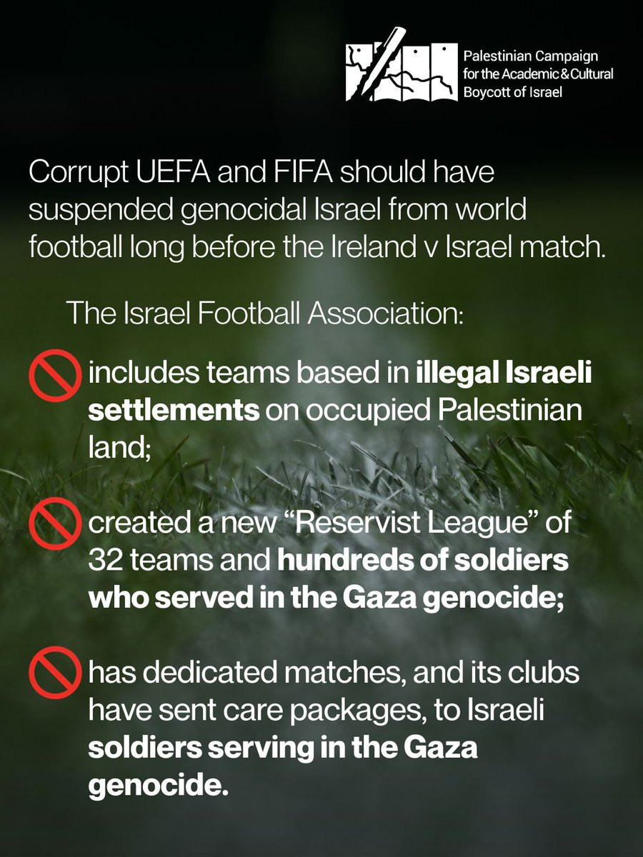 _a_dede's tweet photo. UEFA and FIFA suspended Russia in a matter of days of its illegal invasion of Ukraine.
3 years into Israel's ongoing GENOCIDE against Indigenous Palestinians in Gaza, corrupt UEFA continues to shield genocidal Israel from accountability. https://t.co/zvU5aF6wVv