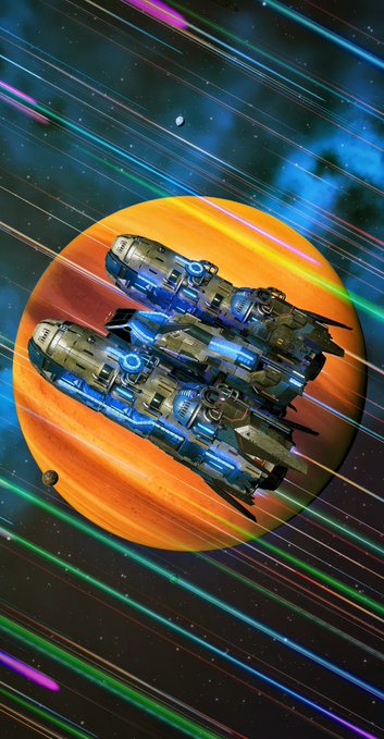 A sci-fi illustration depicts futuristic spaceships flying through colorful light streaks in space, with a large orange planet in the background.