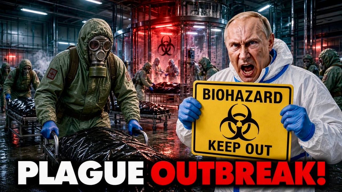 The image shows a dramatic scene of hazmat-suited workers wheeling body bags through a contaminated industrial facility, alongside an enraged man in protective gear holding a yellow "BIOHAZARD KEEP OUT" sign, with bold "PLAGUE OUTBREAK!" text at the bottom—visually reinforcing the post's alarming news about a deadly pneumonic plague outbreak in Russia and government cover-up efforts.